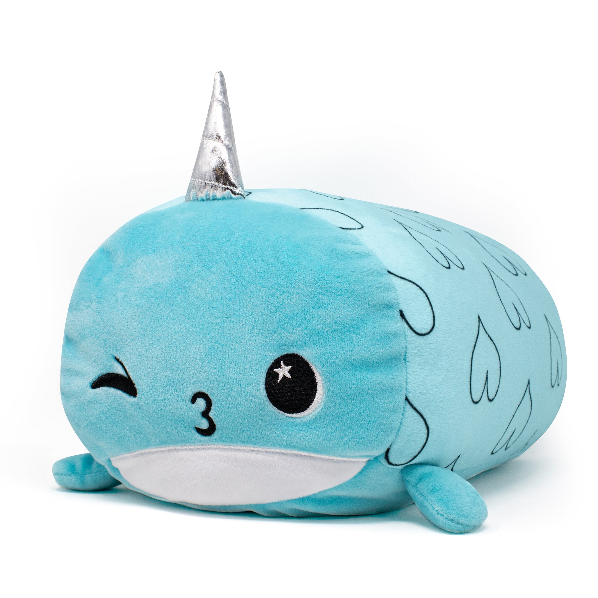 Meet Hershel the Narwhal Plushie: a charming blue stuffed animal with a silver horn, round body, and small flippers. It features an expressive face with one eye winking and a small smile, plus an adorable light blue teardrop pattern on its surface.