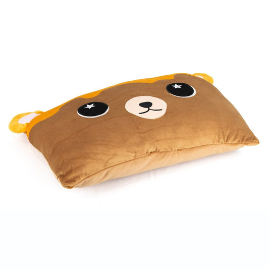Honey the Bear Sleep Pillow is a rectangular, light brown squishy sensory pillow with a cute bear face, black and white eyes, a round beige nose, and small yellow ears on the top corners.