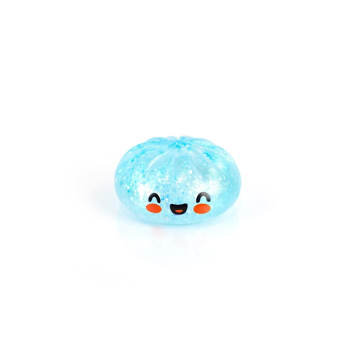 Bubblegum's Favorite Toy - Mystery Dumpling is a small, round, light blue squishy with glitter inside and a smiling face featuring big eyes and rosy cheeks, perfect as a Sugar-mals Dumplings stress relief toy.