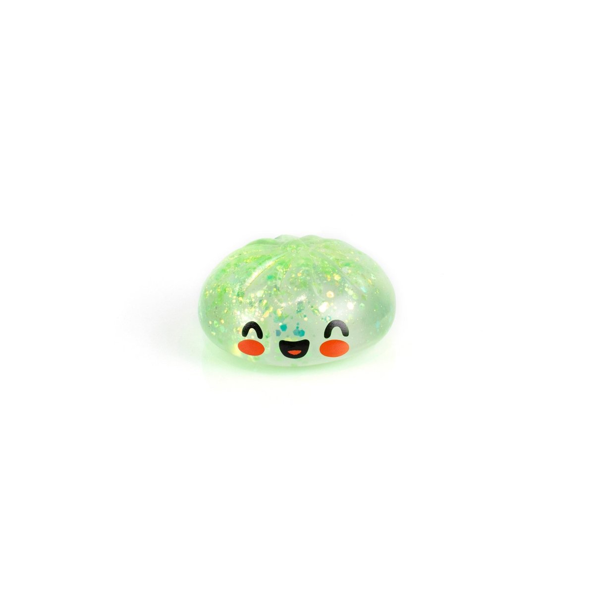 Bubblegum's Favorite Toy - Mystery Dumpling: a small, translucent green squishy with glitter, rosy cheeks, and a smiling face—perfect for stress relief—shown against a white background.