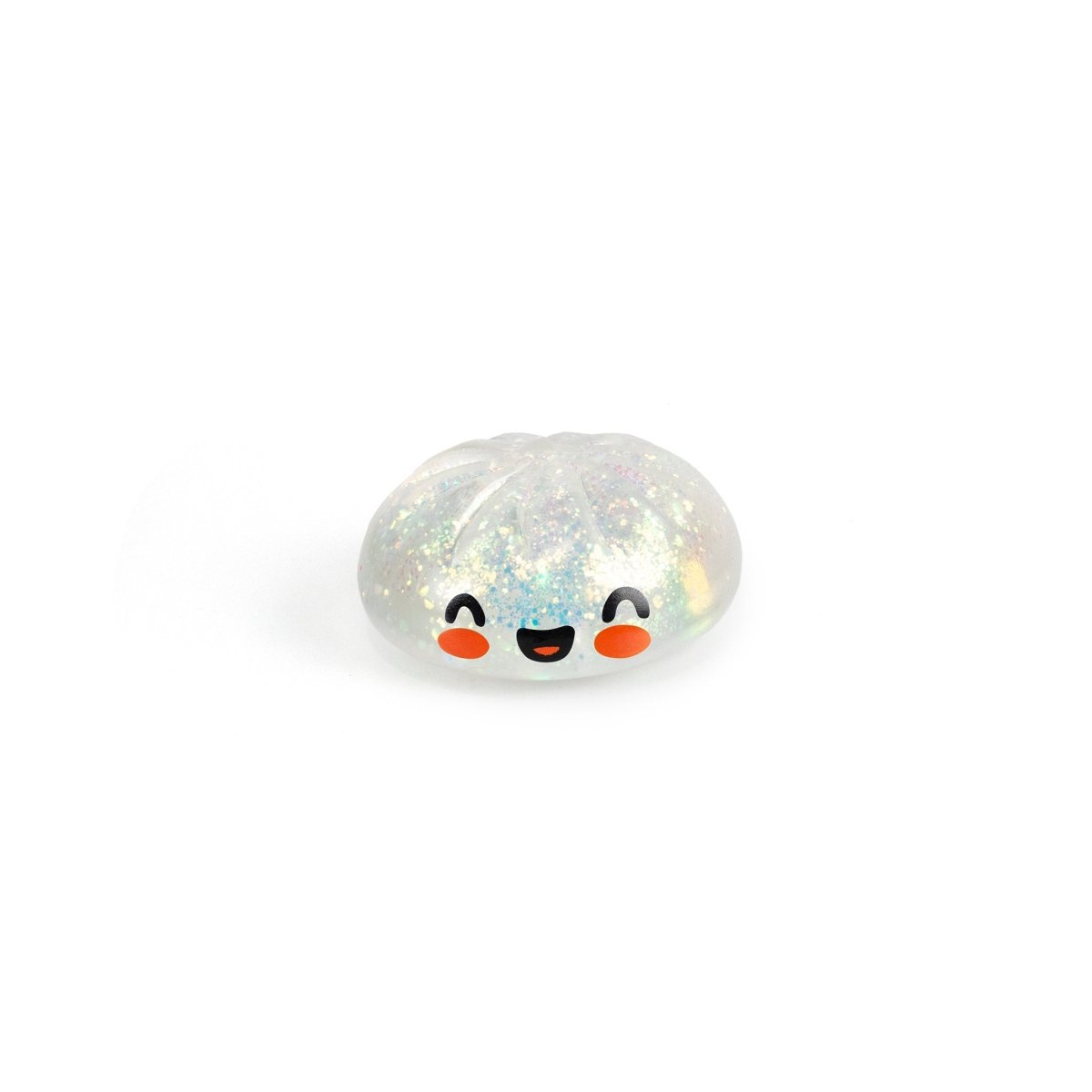 Bubblegum's Favorite Toy - Mystery Dumpling is a small, clear, glittery squishy shaped like a dumpling with a smiling face and rosy cheeks—perfect as a cute stress relief toy.