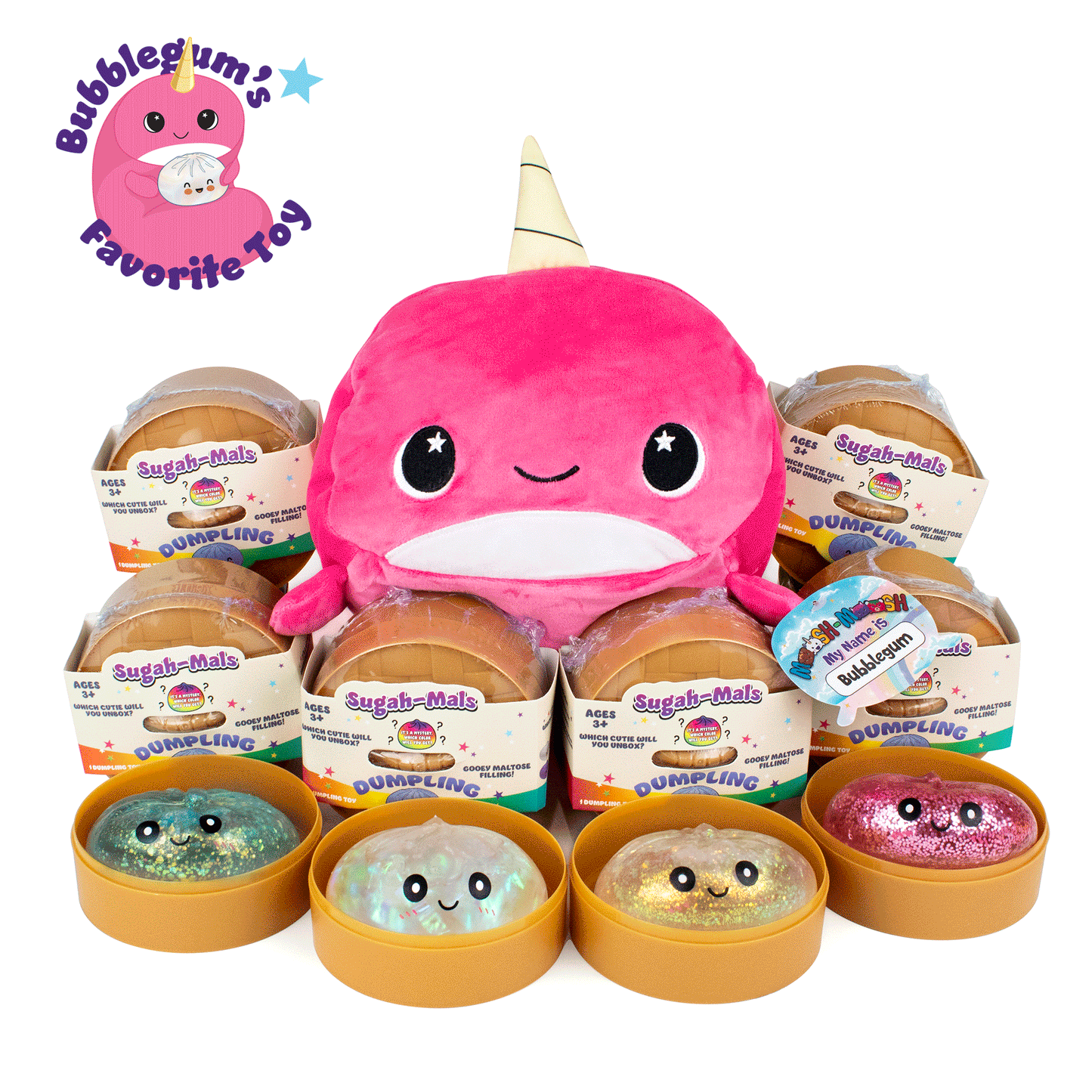 A plush pink narwhal sits among six Bubblegum's Favorite Toy - Mystery Dumpling squishies in tan smiling containers, with the logo in the top left. Cute and squishy, they're perfect for stress relief!.