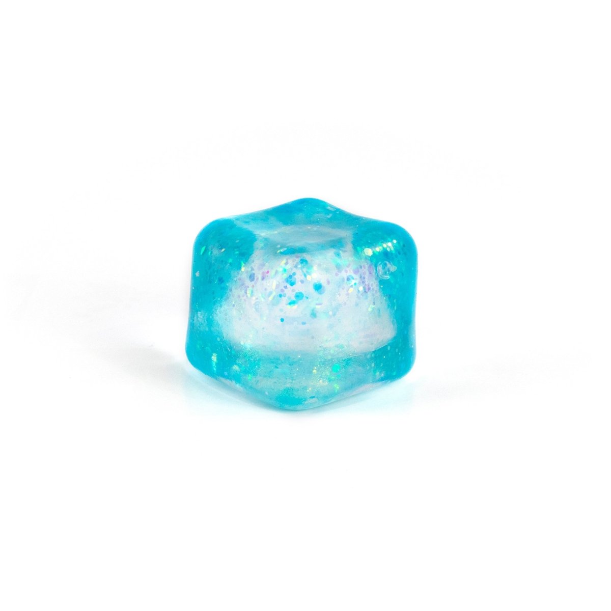 A single blue and white Glitter Sugah-mals Cube from Bubblegum's Favorite Toy, featuring a shimmering, glittery appearance on a white background. Ideal as a stress relief toy for calming moments.