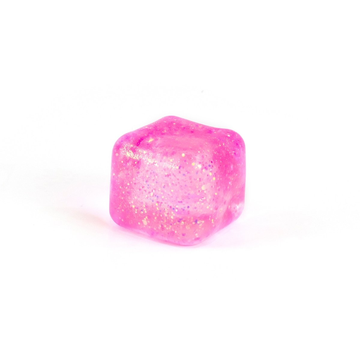 A single pink, translucent Glitter Sugah-mals Cube from Bubblegum's Favorite Toy, sparkling with glitter inside like jelly or a decorative stress relief toy, is shown against a plain white background.