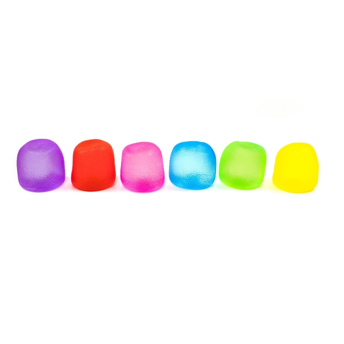 Six vibrant Sugah-mals Gumdrops from Bubblegum's Favorite Toy—dome-shaped in purple, red, pink, blue, green, and yellow—are arranged in a row on white, making a fun and playful stress relief toy.