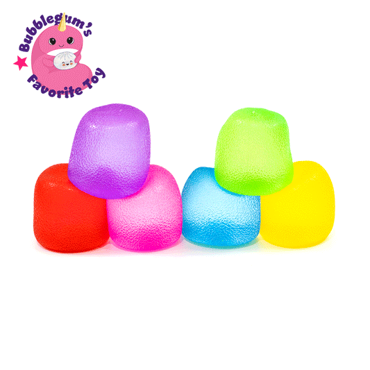 Six colorful, textured sensory blocks from Bubblegum's Favorite Toy - Sugah-mals Gumdrops are stacked on a white background. A pink cartoon character appears in the top left—perfect as a fun stress relief toy!.