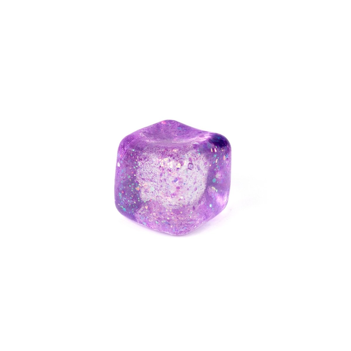 A single Bubblegum's Favorite Toy - Glitter Sugah-mals Cubes v.2 in translucent purple with glitter specks, set on a plain white background—perfect as a squishy stress relief toy.