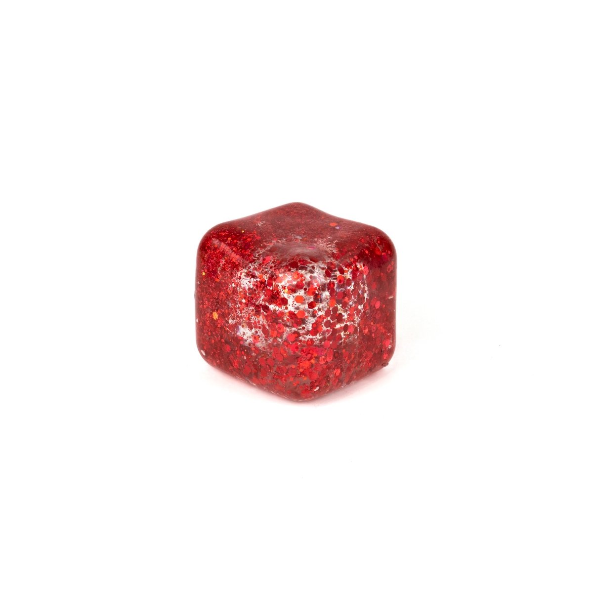 Bubblegum's Favorite Toy - Glitter Sugah-mals Cubes v.2 features a single red, translucent glitter cube with a textured, speckled surface and glossy, rounded edges. Its squishy feel offers satisfying stress relief on a white background.