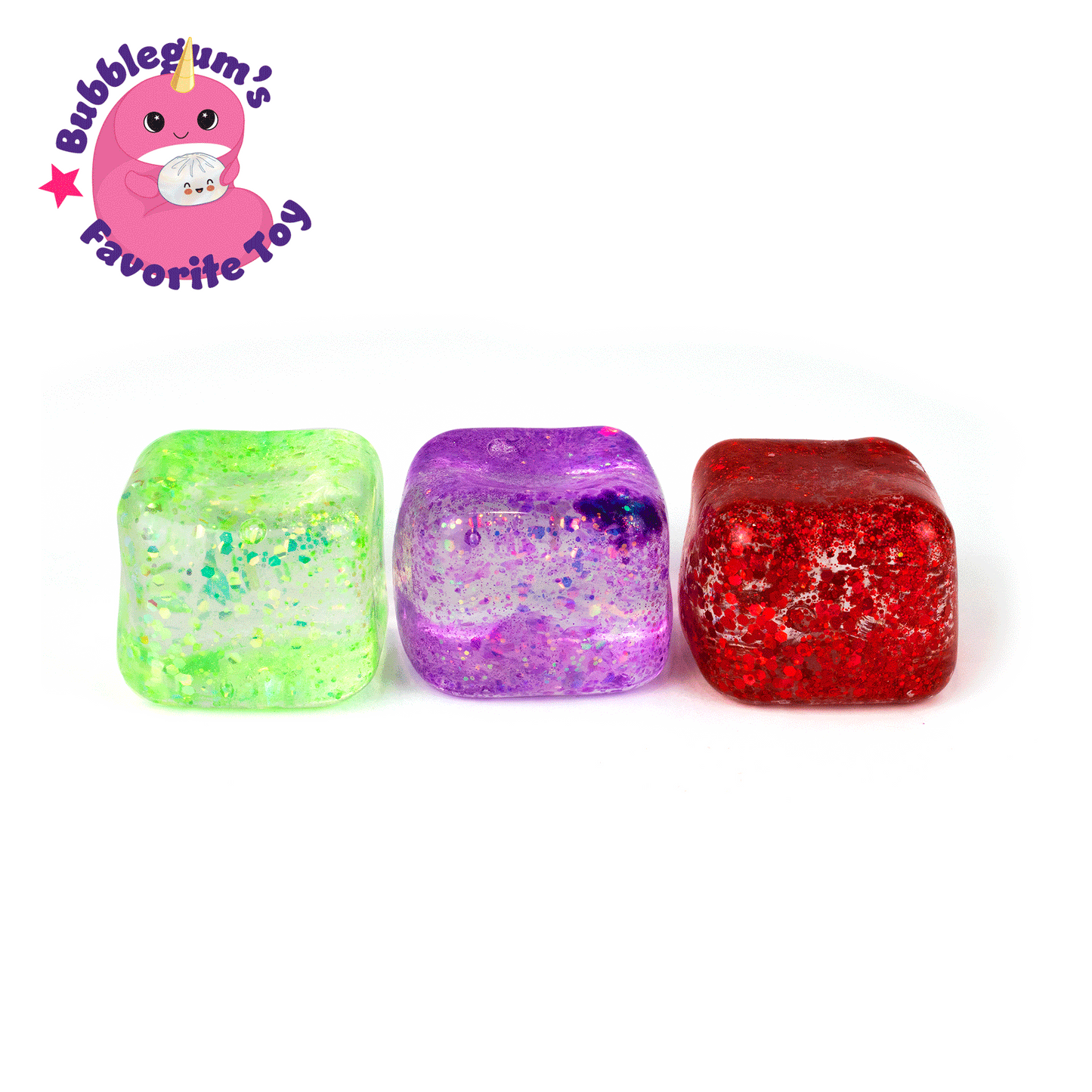 Three glittery, translucent Glitter Sugah-mals Cubes v.2 in green, purple, and red from Bubblegum's Favorite Toy are lined up on a white background, with a pink cartoon character and the text "Bubblegum's Favorite Sensory Toy" in the top left corner.