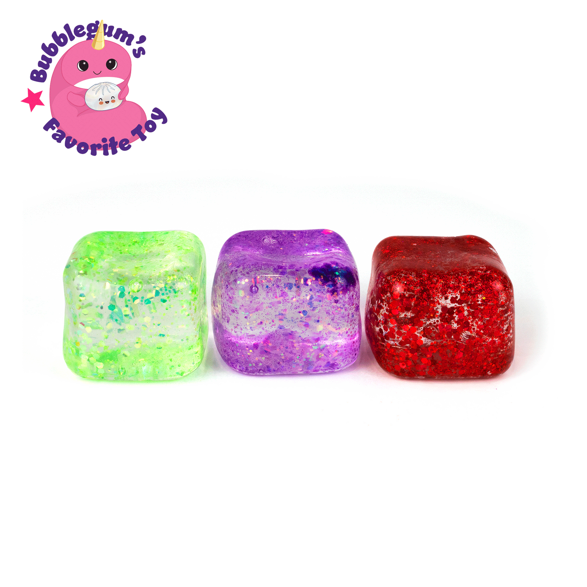 Three glittery, translucent Glitter Sugah-mals Cubes v.2 in green, purple, and red from Bubblegum's Favorite Toy are lined up on a white background, with a pink cartoon character and the text "Bubblegum's Favorite Sensory Toy" in the top left corner.