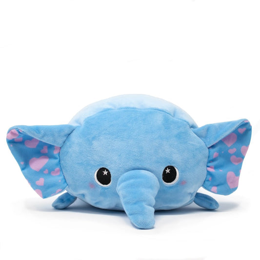 Itsy the Elephant Plushie is a soft, squeezable toy with a round blue body, large ears with pink hearts, and star-reflected black eyes for a gentle look. The charming plushie sits against a white background and is machine washable for easy care.