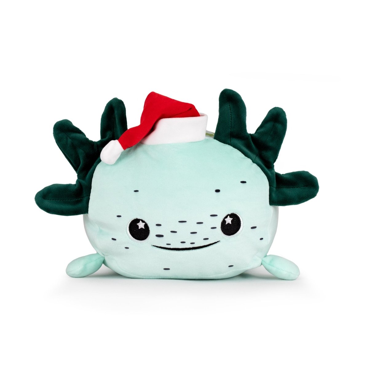 Ivy the Axolotl is a plush toy with a teal body, dark green gills, smiling starry eyes, black freckles, and a red and white Santa hat. This adorable soft toy is also machine washable for easy care.