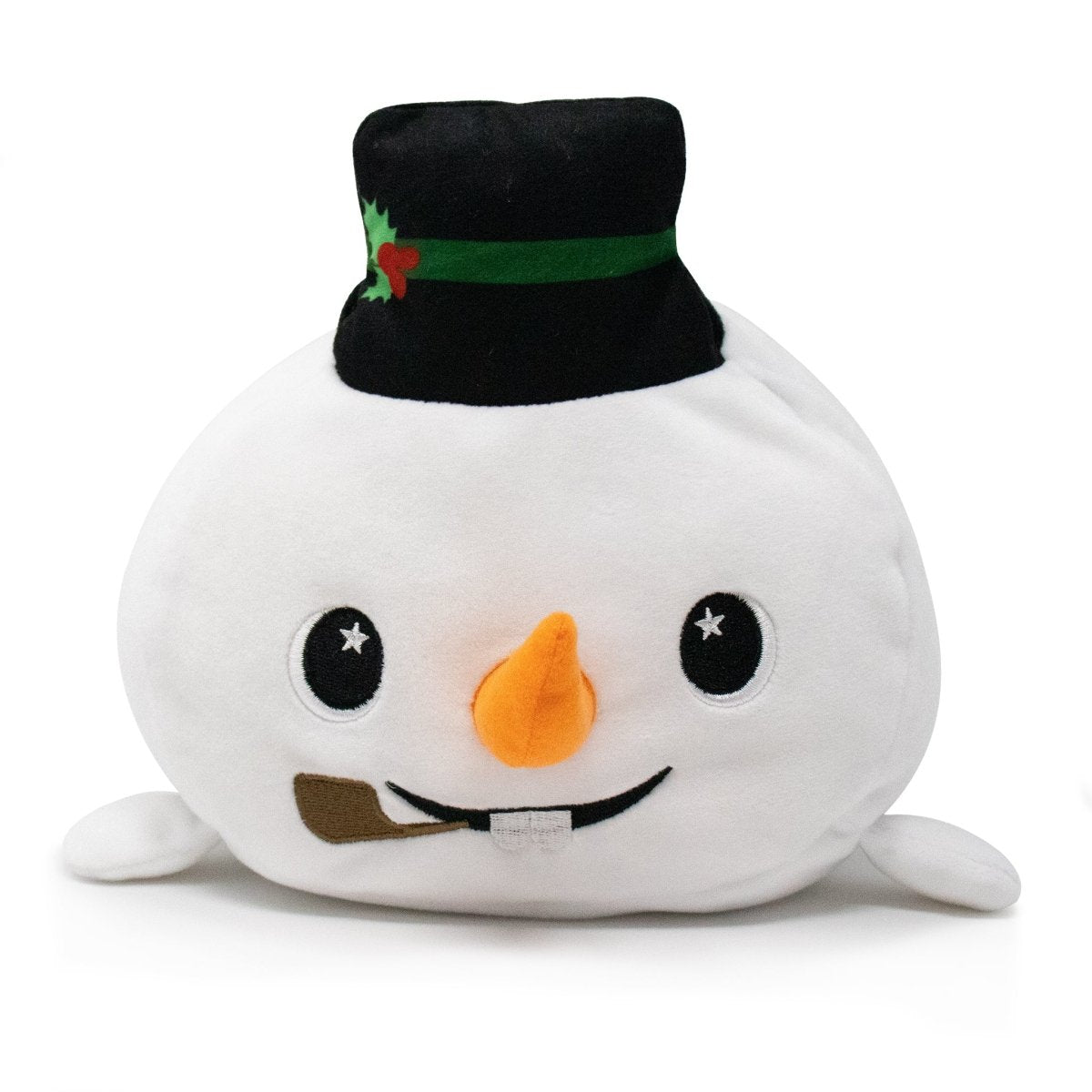 The Jack the Snowman Plushie features a plush snowman head with a black hat, an orange carrot nose, and a pipe. Its hat has a green band with a red accent, and it smiles with bright eyes.