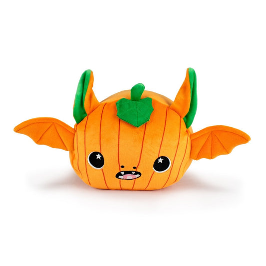 Jackie the Pumpkin Bat is a plush toy with an orange pumpkin body, green lines and leaf, bat wings, starry eyes, and cute facial features—perfect as a Halloween plush!.