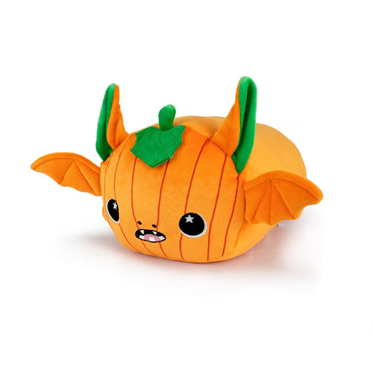 Jackie the Pumpkin Bat is a soft plushie with orange wings, green horns, a leaf on top, and big starry eyes—a cute stuffed toy perfect for Halloween!.