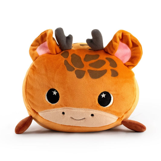 This plush toy, Jerry the Giraffe Plushie, is a cuddly cutie shaped like a round deer with small antlers, big starry eyes, and a smiling face. Its orange-brown body has a lighter belly patch and brown spots. Pink inner ear parts make it an irresistible addition to any stuffed plushie collection.