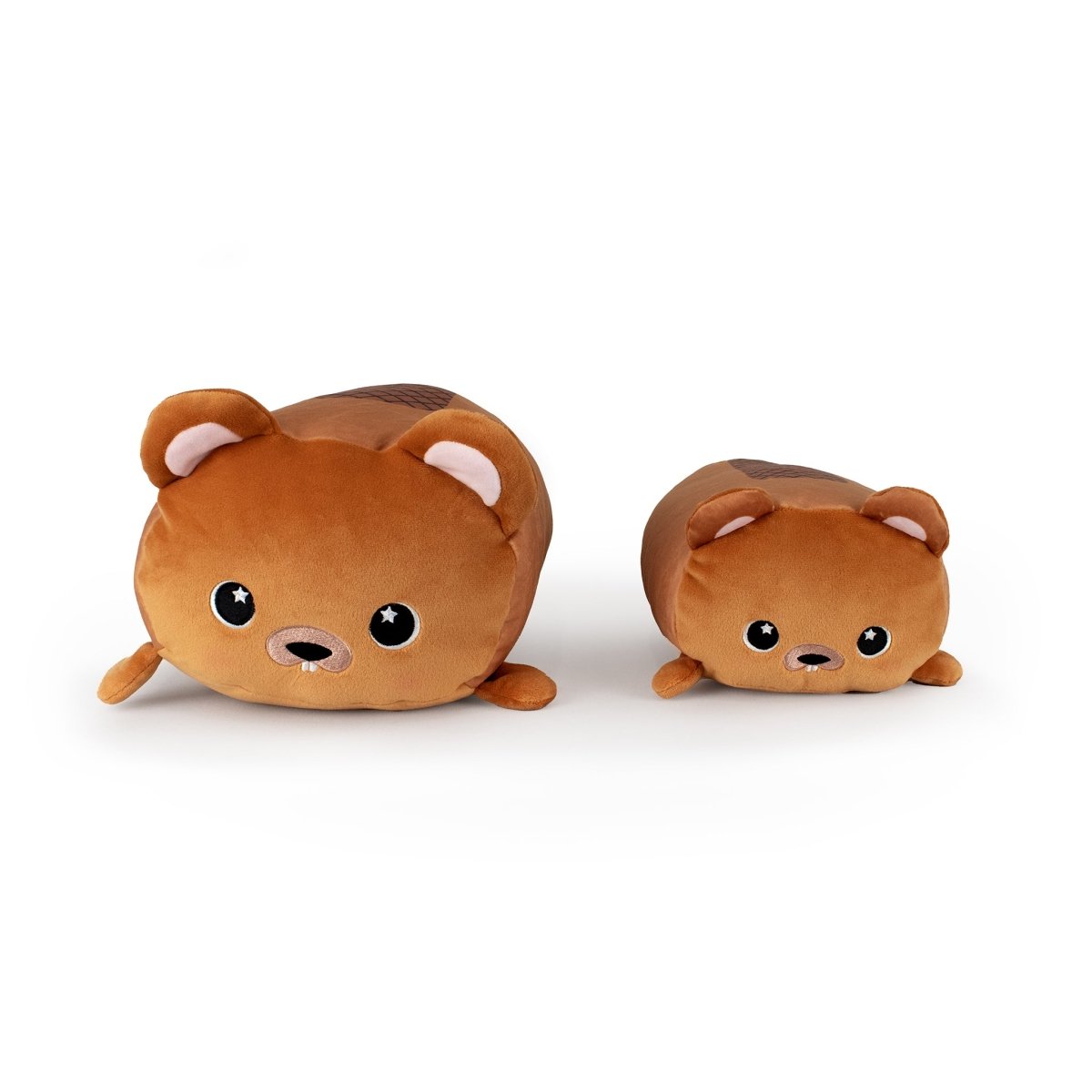 Two plush Justice the Beaver toys in different sizes, both brown with round bodies, small ears, and big embroidered eyes, are placed side by side on a white background—a perfect cuddly plush set for any stuffed animal lover.
