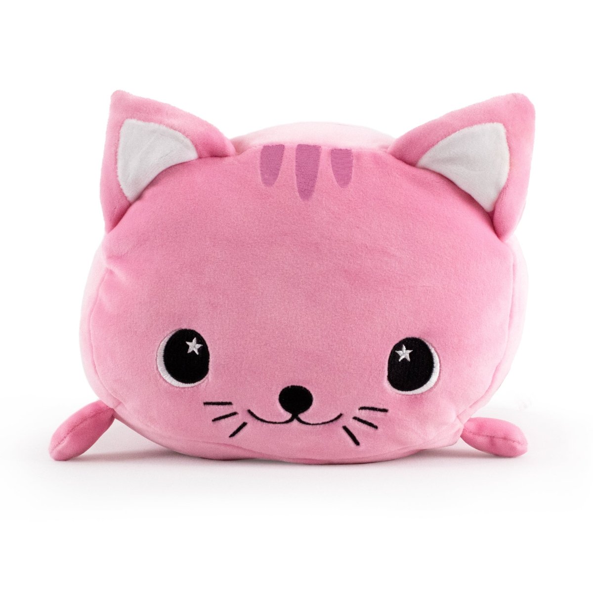 The Kandy Kat the Pink Cat Plushie is a cute, round pink cat toy with large black eyes featuring white star accents. It has a small smiling mouth, tiny whiskers, pink ears with white inner parts, and charming pink stripes on its forehead.