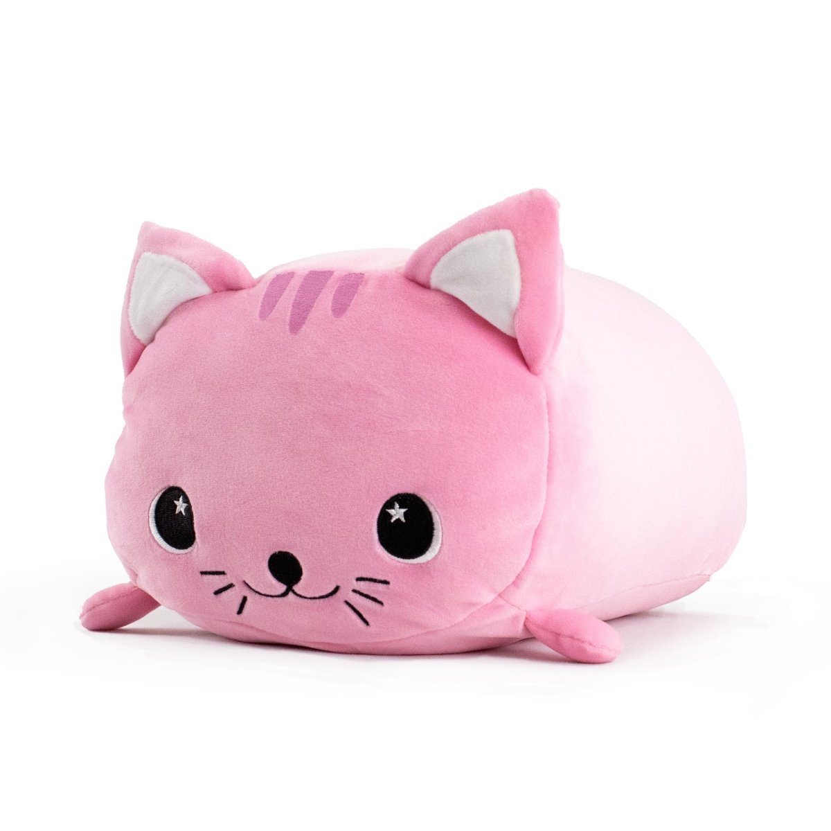 Kandy Kat the Pink Cat Plushie, with small ears, big eyes, and a cheerful expression, lies on a white background. Its rounded body is soft and features a cute, cartoonish design.