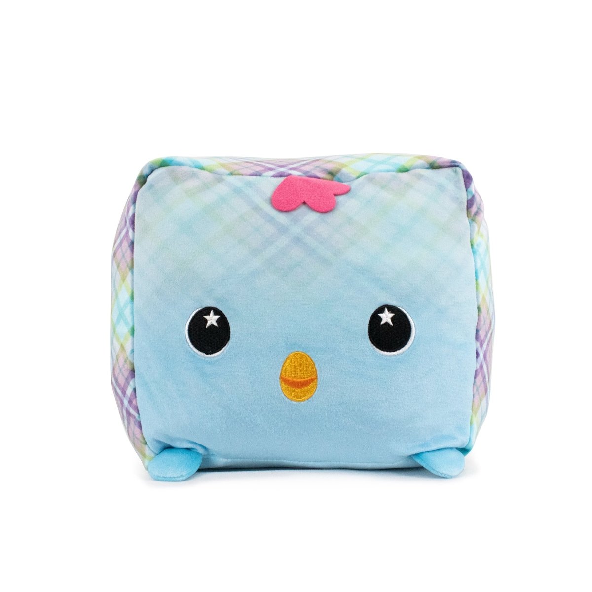 Introducing Kelby the Chicken Plushie, an ultra-soft cube-shaped toy. It features a blue face, large starry eyes, a small orange beak, and a pink crown decoration. The colorful plaid pattern makes it ideal for your Easter Basket Buddies collection.