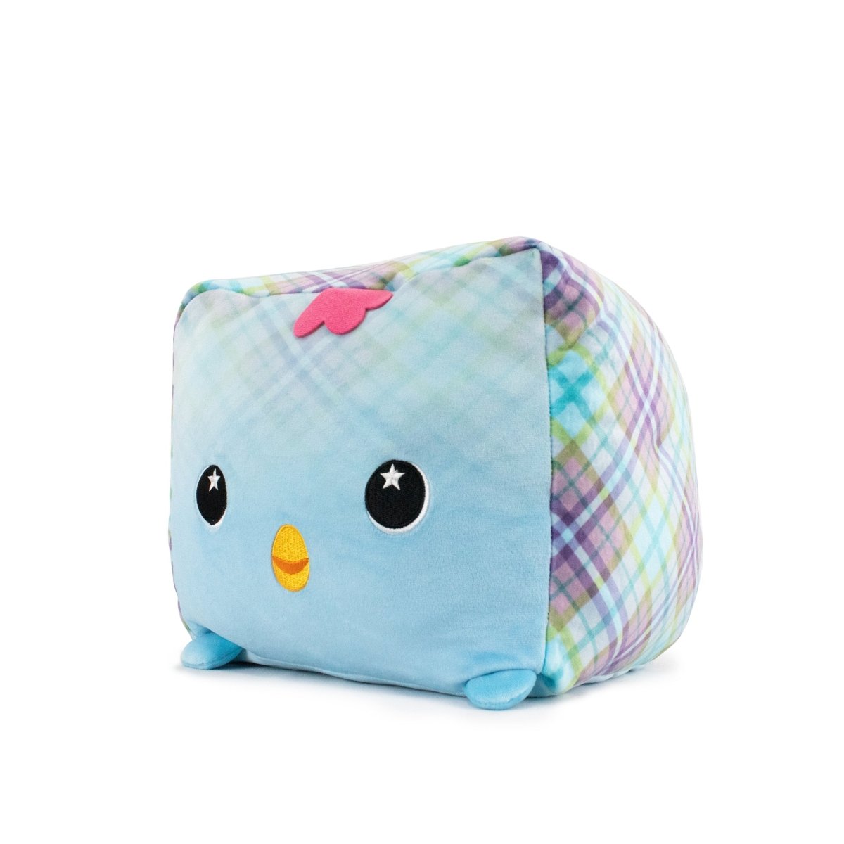 Introducing Kelby the Chicken Plushie: an ultra-soft, cube-shaped toy with large black eyes featuring white stars, a small orange beak, tiny blue feet, colorful plaid sides, and a pink tuft—an ideal addition to your Easter Basket Buddies collection.