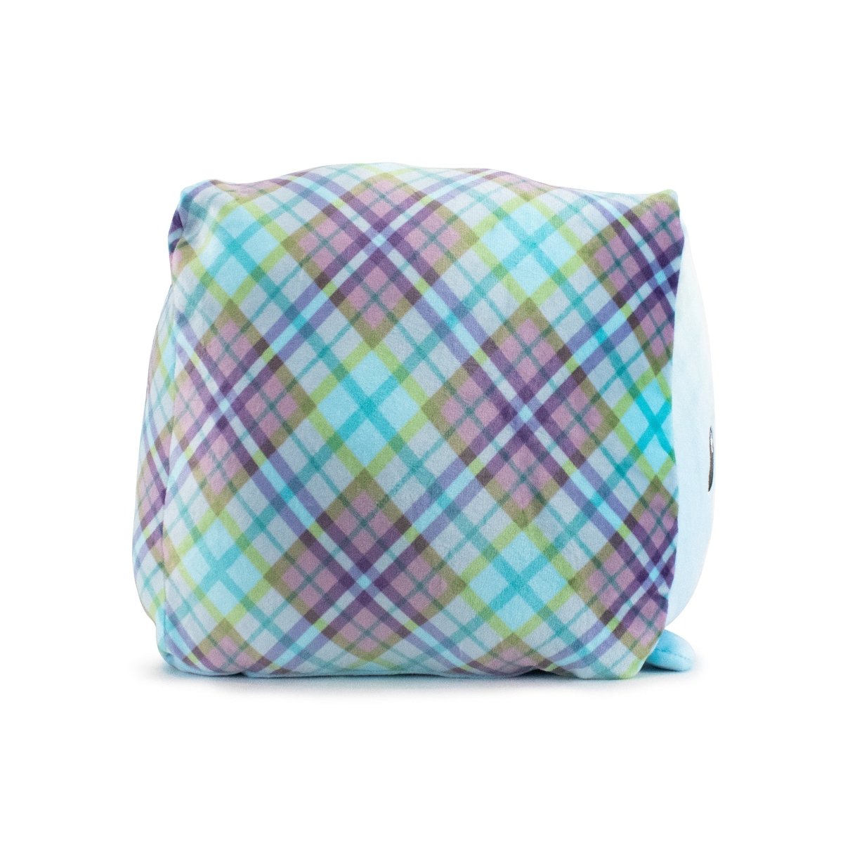 Kelby the Chicken Plushie is an ultra-soft cube pillow with a pastel multicolored plaid pattern on a white background, ideal for snuggling or enhancing your Easter Basket Buddies collection.