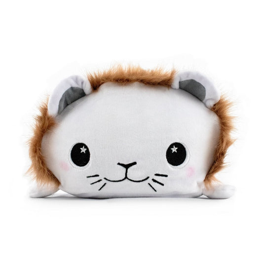 Meet King Leo the Lion Plushie: an adorable, ultra-soft pillow featuring a white cat-like face with small ears, a fuzzy brown mane, large shiny black eyes, a smiling mouth, and rosy cheeks.