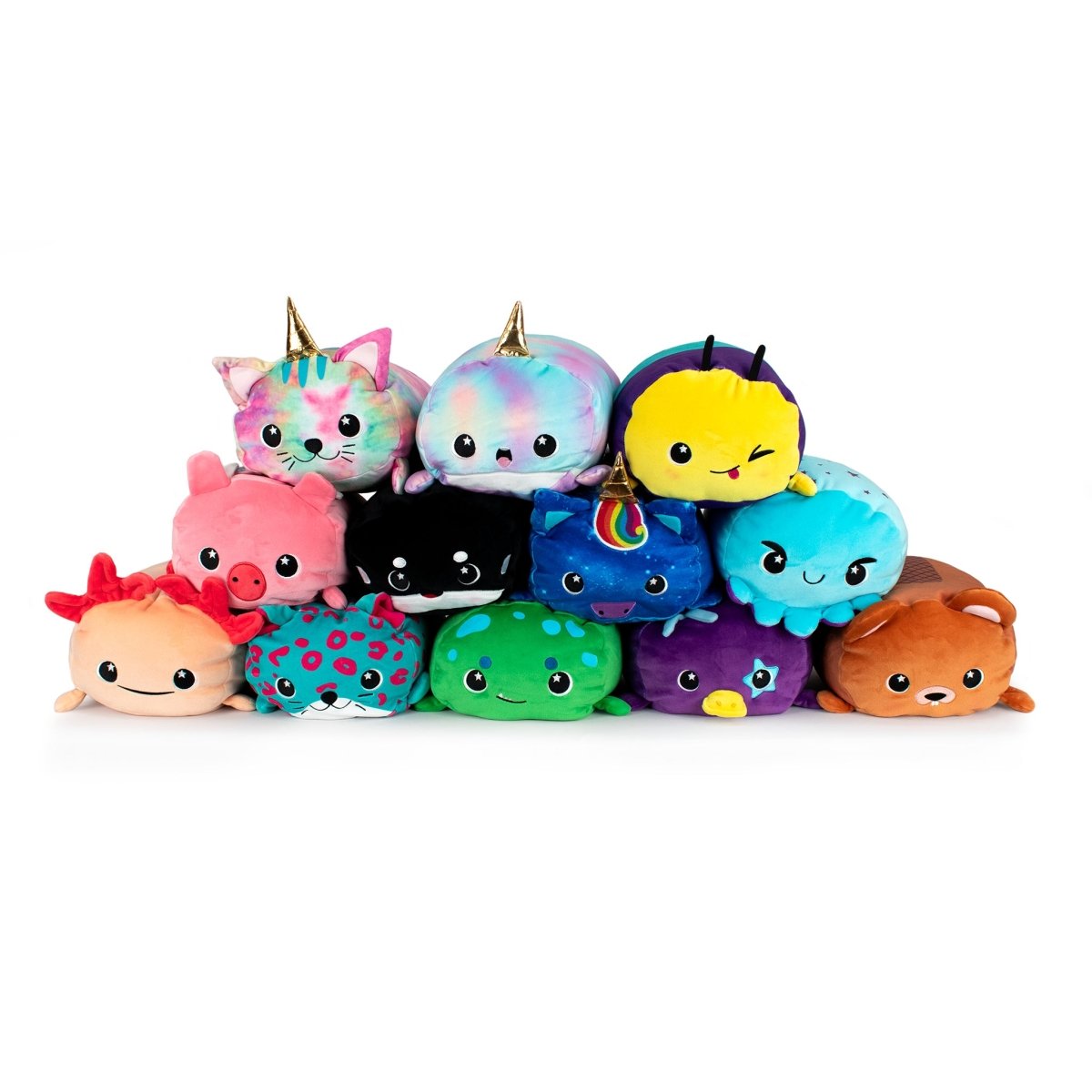 Twelve colorful, round plush toys with cute faces are stacked in a pyramid, each featuring unique animal or fantasy details like cat ears, horns, unicorn horns, and various patterns or colors—including Melina the Leopard.