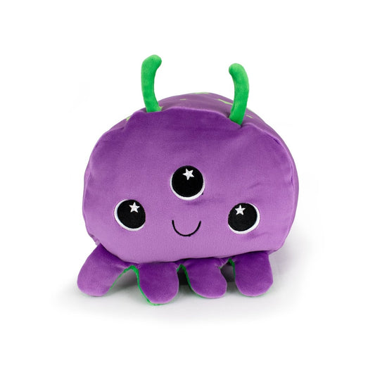 Larry the Alien is a soft, cuddly plush toy shaped like a purple octopus with three big black eyes, a smiling mouth, two green antennae, and short purple legs, shown against a white background.