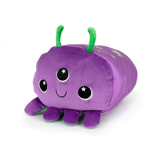 Larry the Alien is a soft, cuddly plush shaped like a purple octopus with three large eyes, a smiling face, two green antennae, and six short purple legs with green undersides.