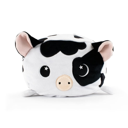 Leche the Cow Plushie is a round, soft toy with a stylized design featuring large black and white patches, a small pink snout, floppy ears, and starry eyes, making it irresistibly cuddly.