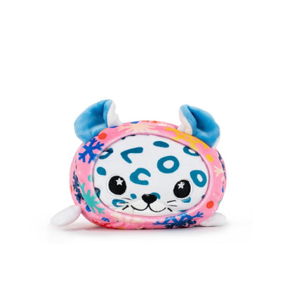 Snowie the Snow Leopard Slumber is a round Christmas plush with blue spots, star-shaped eyes, blue ears, and a pink body decorated with colorful snowflakes—perfect for holiday decor on a white background.