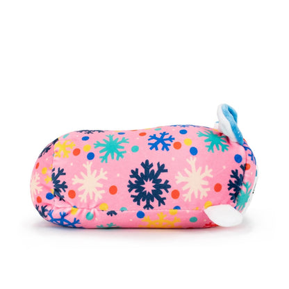 Snowie the Snow Leopard Slumber is a pink Christmas plush toy with colorful snowflake and polka dot patterns, small white and blue fins, and a blue tail—perfect for festive holiday decorations.
