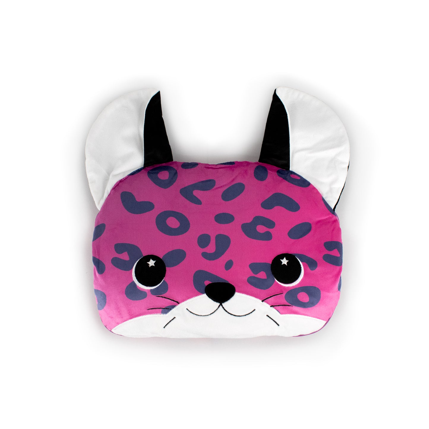 Snuggle up with the 2-in-1 Pillow Blanket - Spotty the Leopard, featuring a plush cat face with big ears, pink fur with dark purple spots, round eyes, and a black nose—perfect to use as both a pillow and blanket.