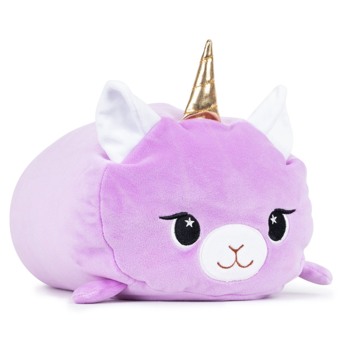 Lila the Purple Llamacorn Plushie is an ultra-soft, round-bodied plush with a golden horn, small ears, and a white face featuring embroidered eyes and mouth. Ideal for cuddling or as a cute addition to any Easter Basket Buddies collection.