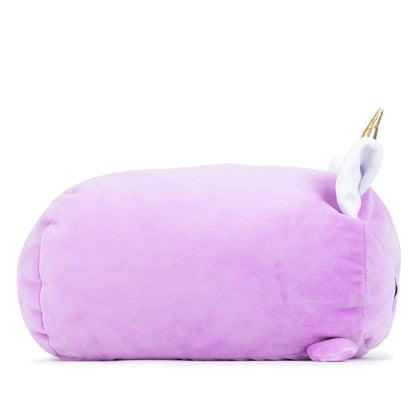 Lila the Purple Llamacorn Plushie is a soft, purple toy shaped like a chubby unicorn with a golden horn and small white ears. With its ultra-soft, smooth surface and lack of defined facial features from this angle, it's the perfect Easter Basket Buddy!.