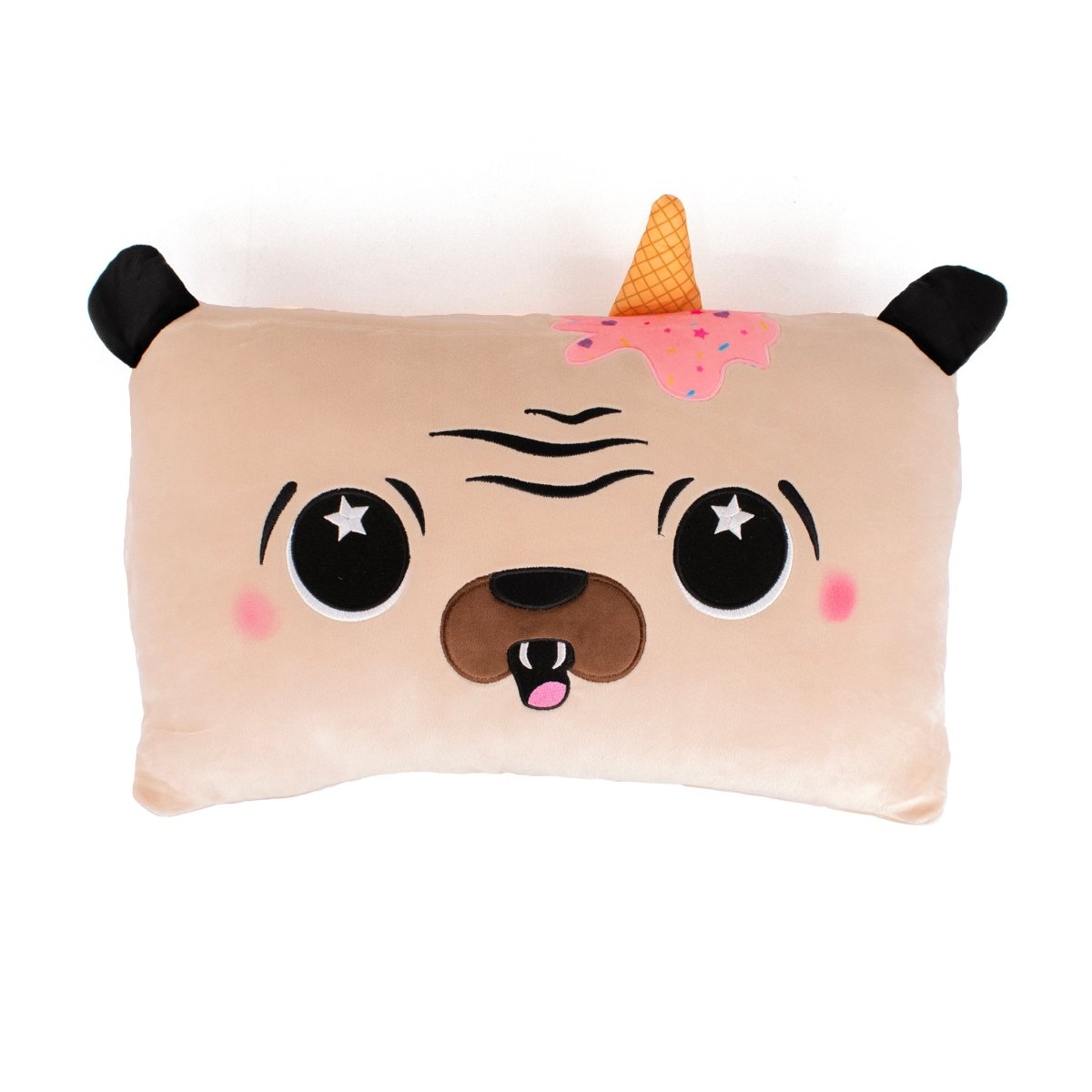 Lola the Pug Sleep Pillow is a rectangular, cuddly pillow featuring a cartoon pug face with black ears, starry eyes, blushing cheeks, and a pink-frosted ice cream cone on its head—perfect for quirky holiday decor or any room.