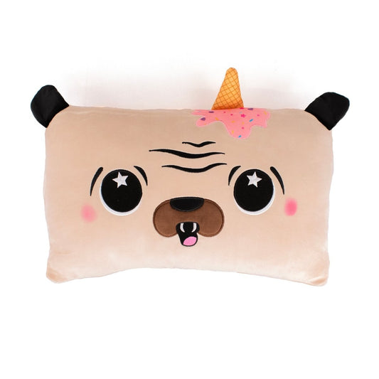Lola the Pug Sleep Pillow is a rectangular, cuddly pillow featuring a cartoon pug face with black ears, starry eyes, blushing cheeks, and a pink-frosted ice cream cone on its head—perfect for quirky holiday decor or any room.