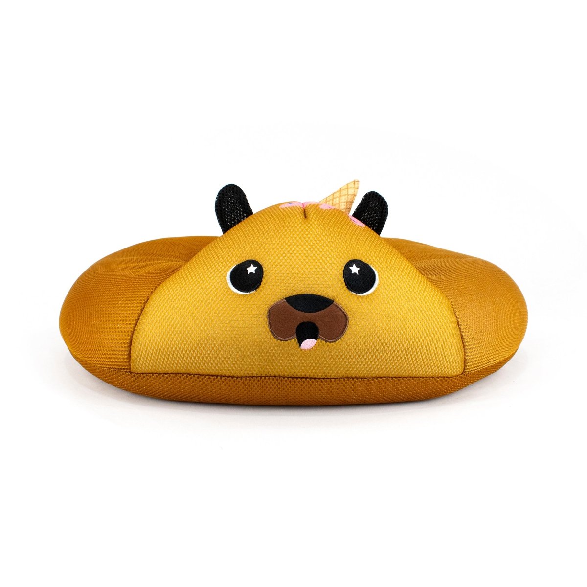 The Lola Crescent 23" Aqua Plush is a round, aqua cuddle plushie shaped like a cute dog’s face with black ears, starry eyes, a small nose, a pink tongue sticking out, and a tiny plaid bow on its head.