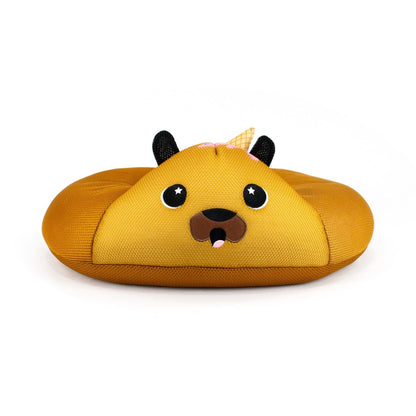 The Lola Crescent 23" Aqua Plush is a round, aqua cuddle plushie shaped like a cute dog’s face with black ears, starry eyes, a small nose, a pink tongue sticking out, and a tiny plaid bow on its head.