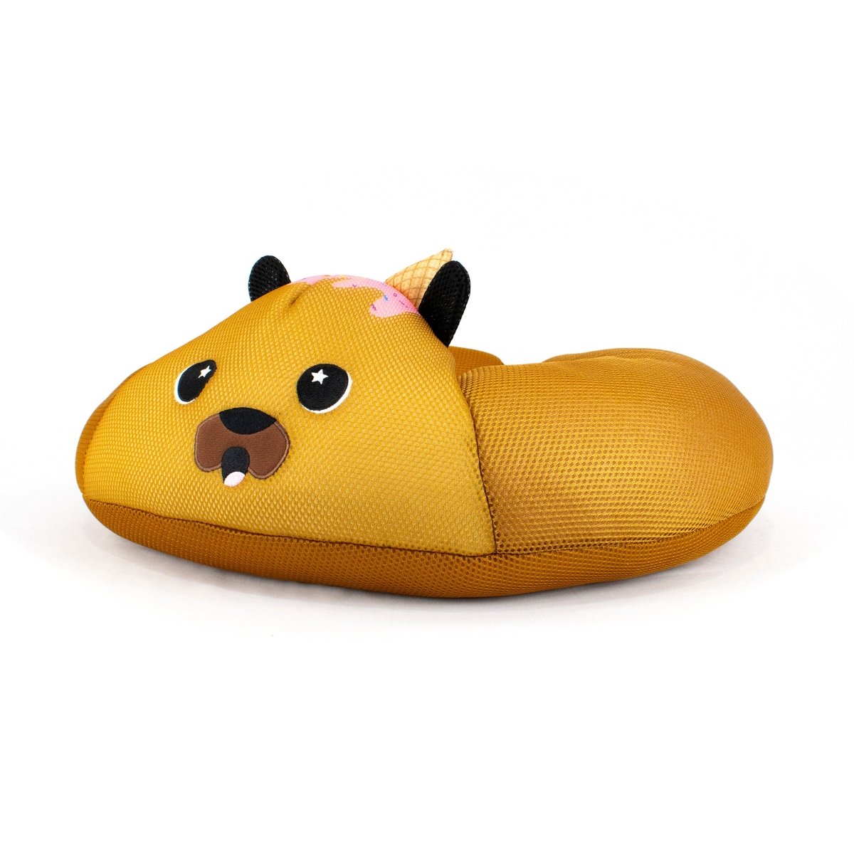 The Lola Crescent 23" Aqua Plush is a cute, water-friendly brown neck pillow shaped like an animal with wide eyes, black ears, an open mouth, and a pink ice cream cone on its head—perfect for cozy naps or poolside fun.