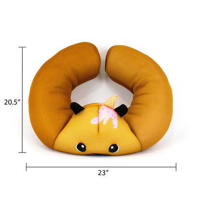The Lola Crescent 23" Aqua Plush is a brown U-shaped neck pillow with a cute animal face, small black ears, an upside-down ice cream cone on its head, and is water-friendly, measuring 20.5" tall and 23" wide.