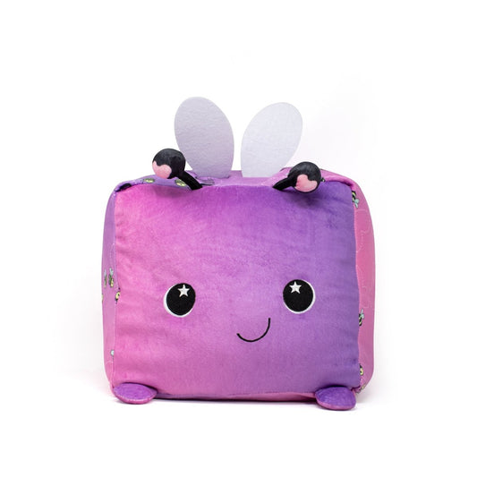 Introducing Lovebug the Bee Plushie, a cube-shaped charmer with a smile, star-shaped eyes, purple feet, pink details, and white felt ears. Topped with adorable black and pink antennas, it's perfect for Valentine's Day cuddles!.