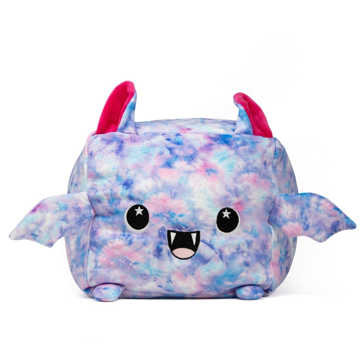 Lyra the Bat plush toy with tie-dye fur, little fangs, and vibrant wings from Moosh-Moosh SQUARED² Collection.