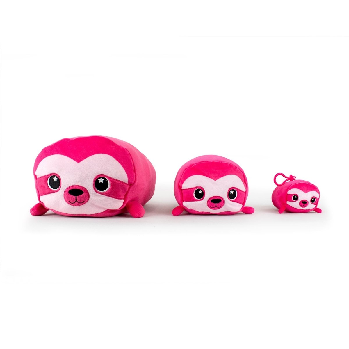 Three soft, pink plush Turbo the Sloth toys are lined up in different sizes from right to left. Each has a cute embroidered face with big eyes, and the smallest one features a keychain attachment.