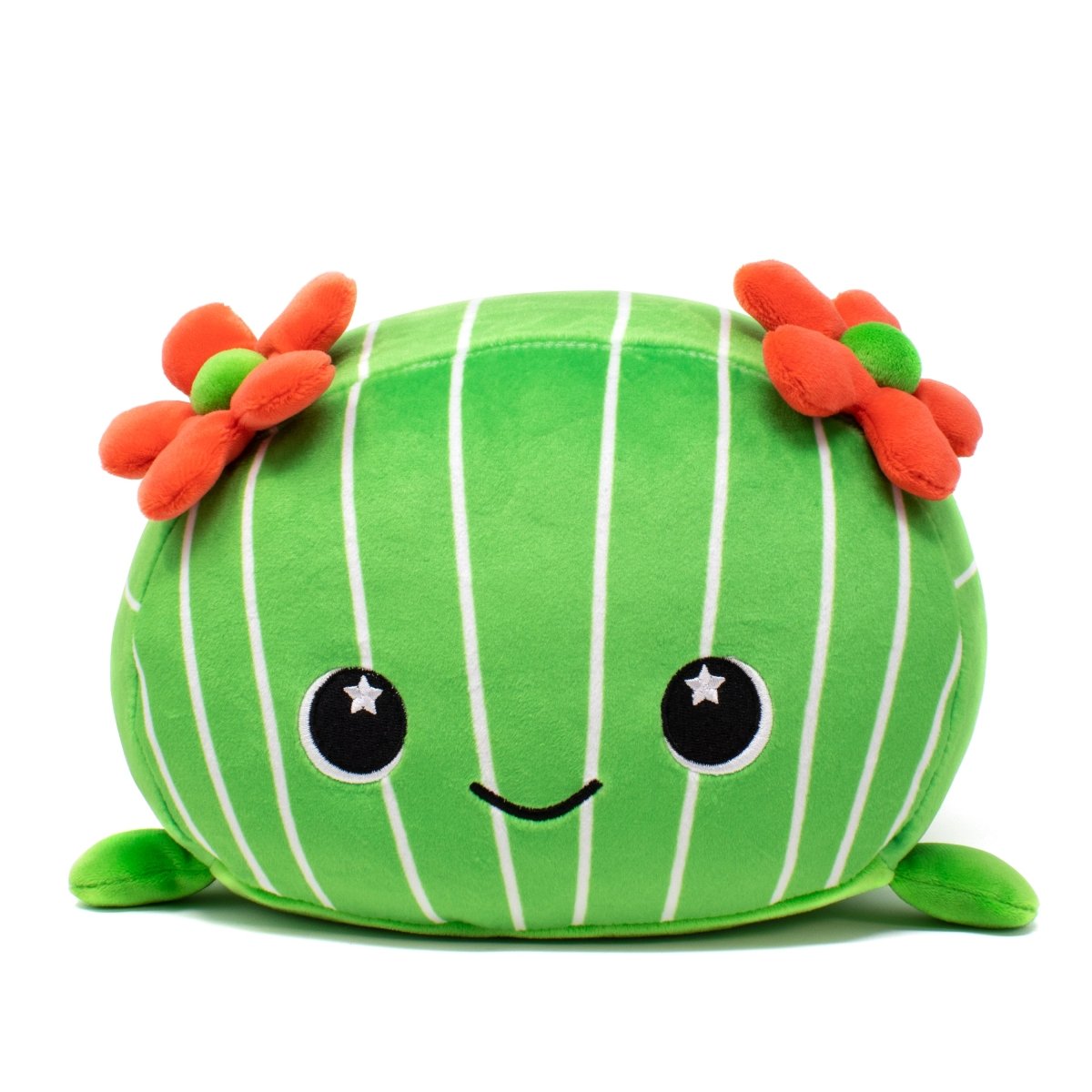 Green Cactus Stuffed Animal with White Stripes and Red Flower Ears