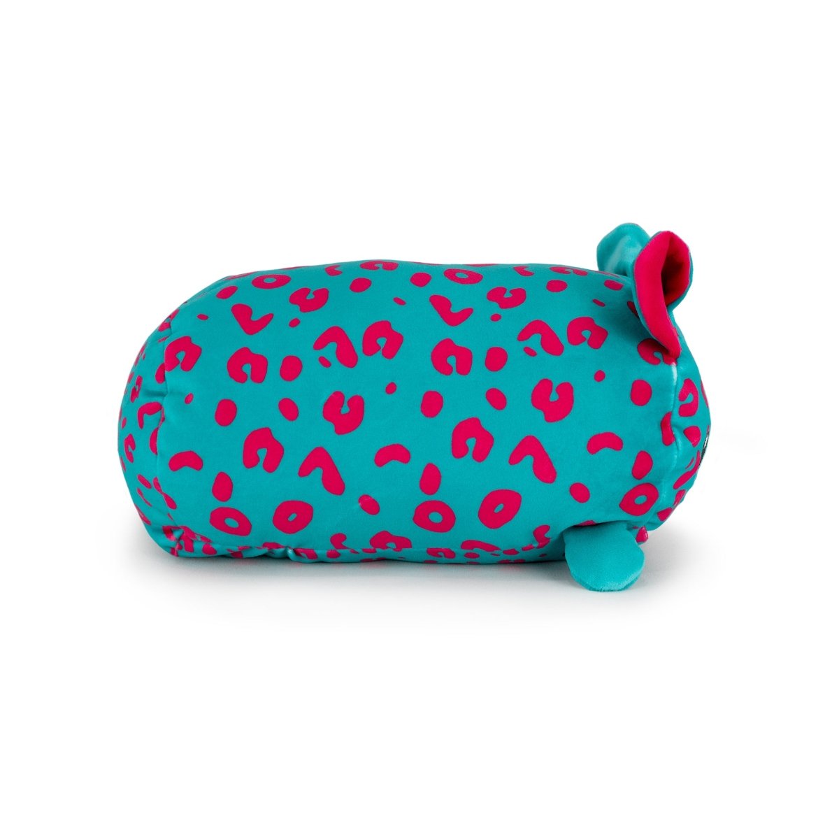 Melina the Leopard is a teal plush toy with a rounded shape, bright pink leopard spots, small blue feet, and ear-like protrusions—one featuring a pink inner lining.