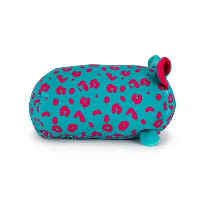 Melina the Leopard is a teal plush toy with a rounded shape, bright pink leopard spots, small blue feet, and ear-like protrusions—one featuring a pink inner lining.