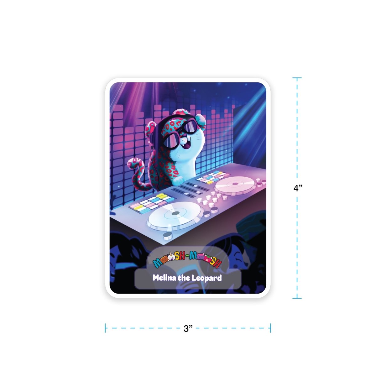 Moosh-Moosh 3" x 4" Vinyl Sticker featuring Melina the Leopard DJing at a vibrant music console with headphones and sunglasses, colorful lights, and a crowd below. Text reads “Melina the Leopard.”.