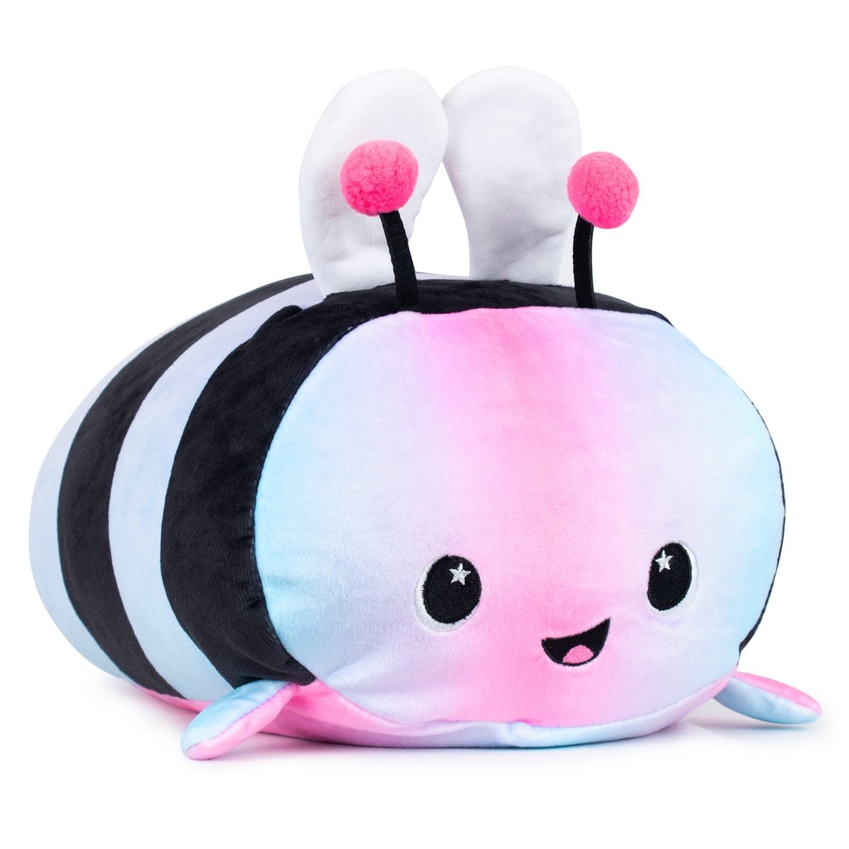 Introducing Melody the Bee Plushie, a toy with pastel pink, blue, and purple hues. Her bright smile and starry black eyes sparkle above black antennae with pink tips. With soft white wings and sensory softness, she's ideal for Easter Basket Buddies.